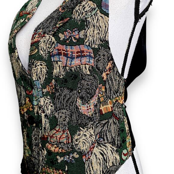 VNTG Tapestry Vest Dog Themed Sz M Green Multicolor Satin Tie Back 80s Y2k - Picture 6 of 16